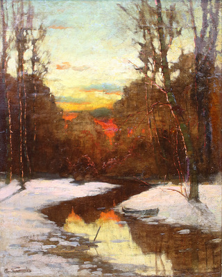 Платонов Семён Сергеевич. Зимний пейзаж. Лесная речка на закате 